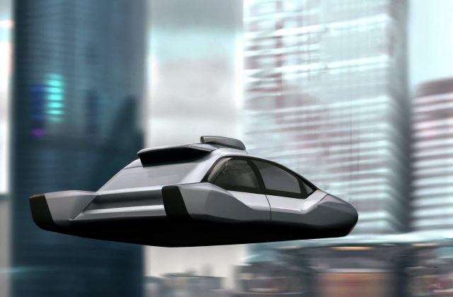 futuristic flying car over city