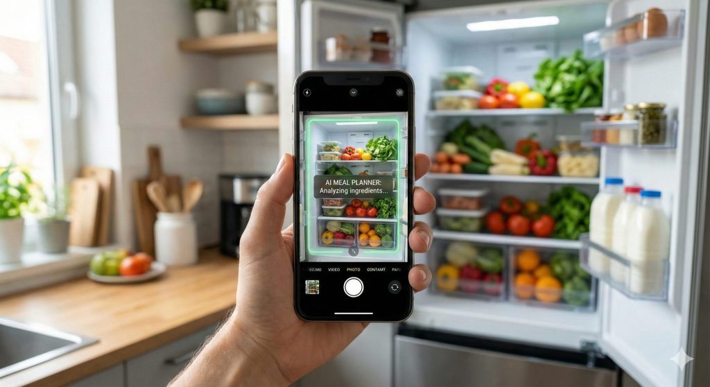 Taking picture with a phone of the fridge content