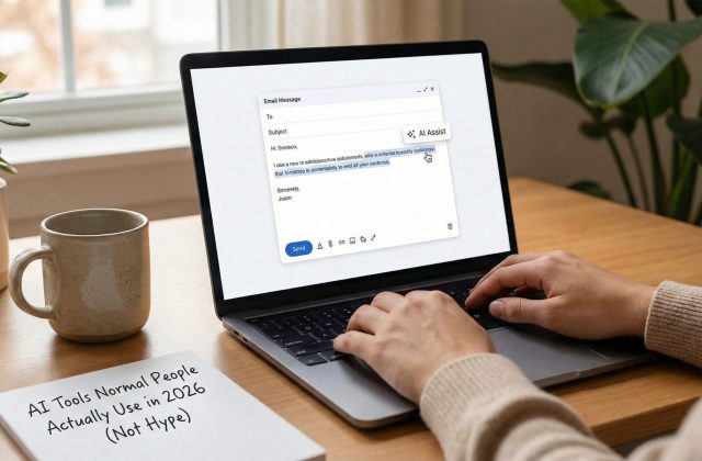 A person working at a home office desk using an AI writing assistant on a laptop to draft an email, sitting next to a coffee cup and a notepad titled 'AI Tools Normal People Actually Use in 2026