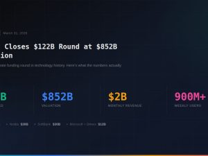 OpenAI $122 billion funding round infographic showing $852B valuation, $2B monthly revenue, and 900M+ weekly users.