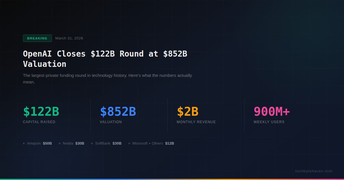 OpenAI $122 billion funding round infographic showing $852B valuation, $2B monthly revenue, and 900M+ weekly users.