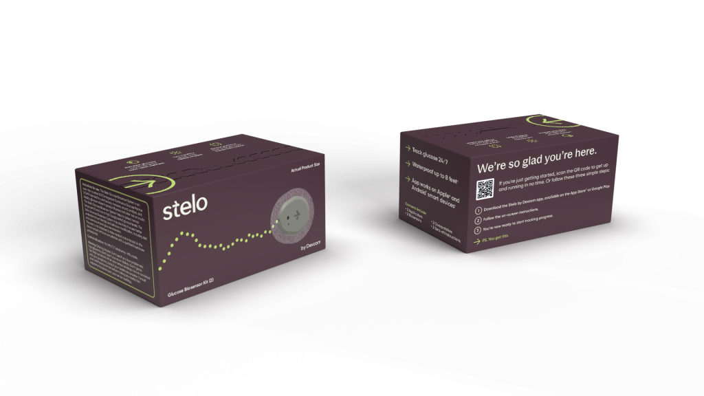 Stelo OTC continuous glucose monitor packaging box by Dexcom