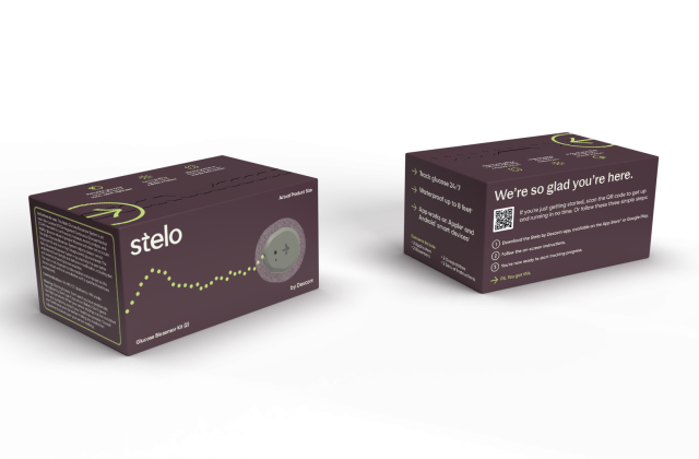 Stelo OTC continuous glucose monitor packaging box by Dexcom