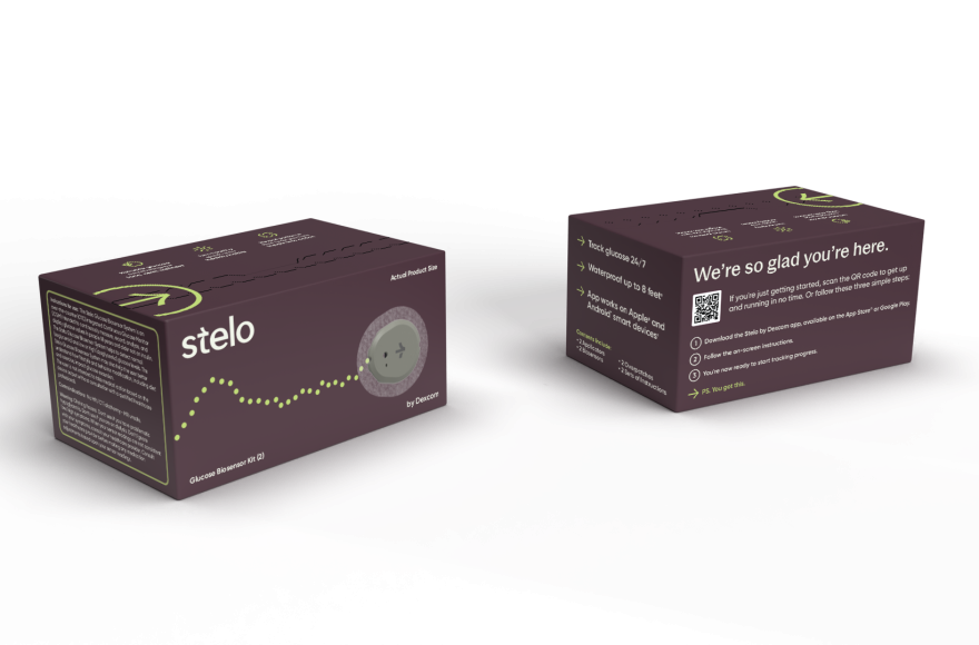 Stelo OTC continuous glucose monitor packaging box by Dexcom