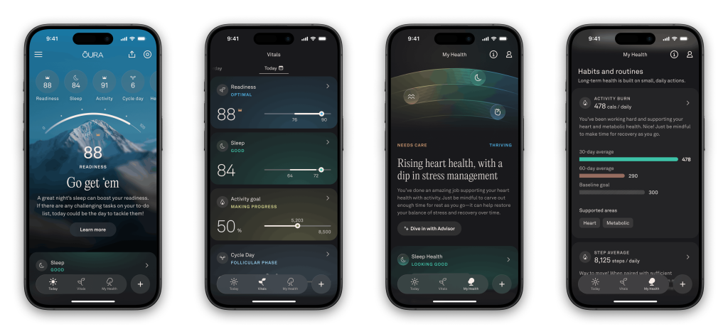 Oura Ring 4 app interface 2026 Today Vitals My Health tabs Readiness Sleep Activity scores