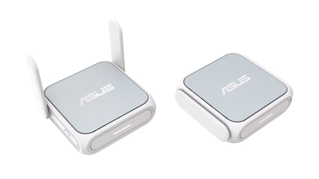 ASUS RT-BE58 Go Wi-Fi 7 travel router shown from two angles